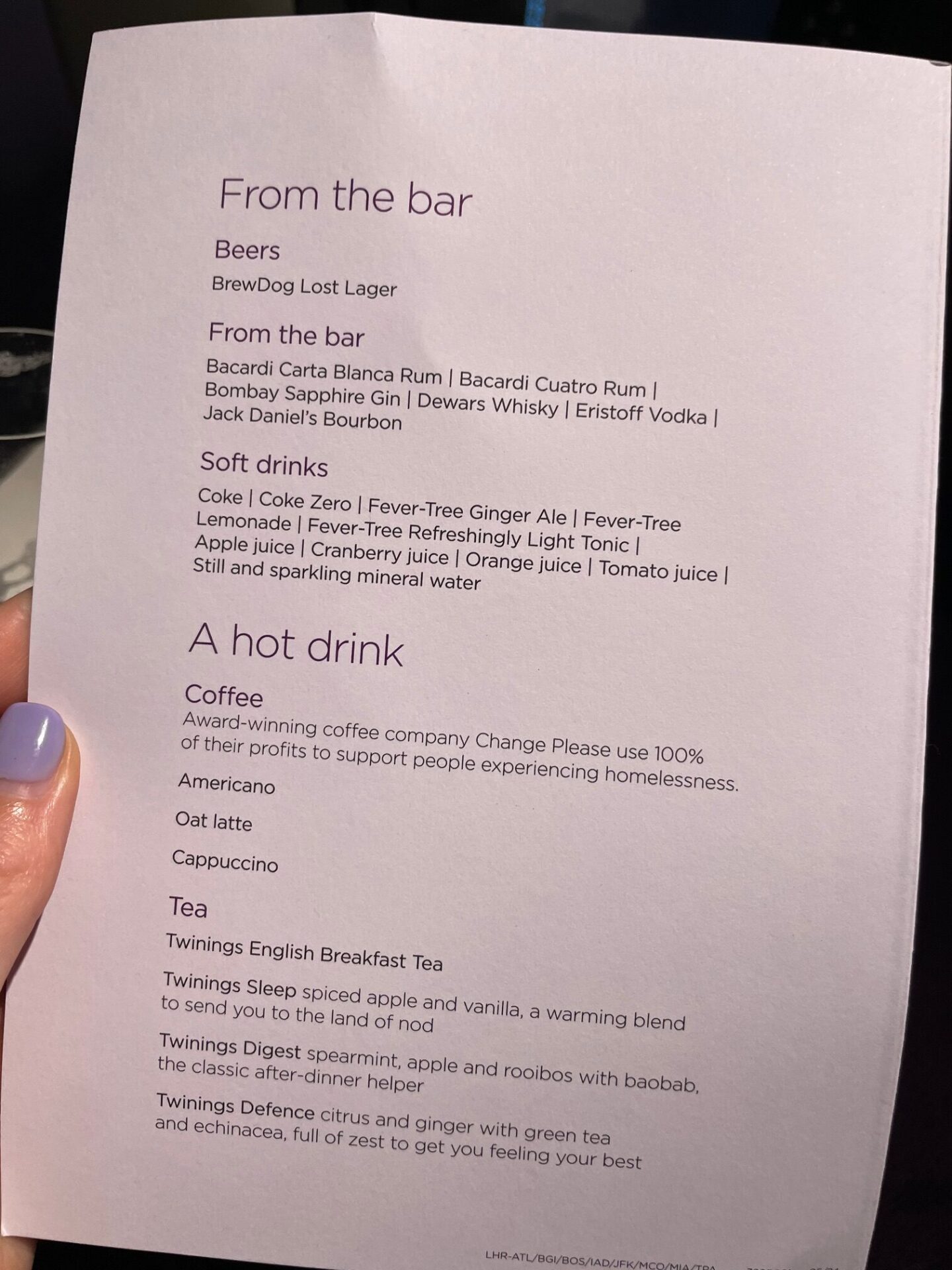 Drink Selection on Virgin Atlantic Premium Economy