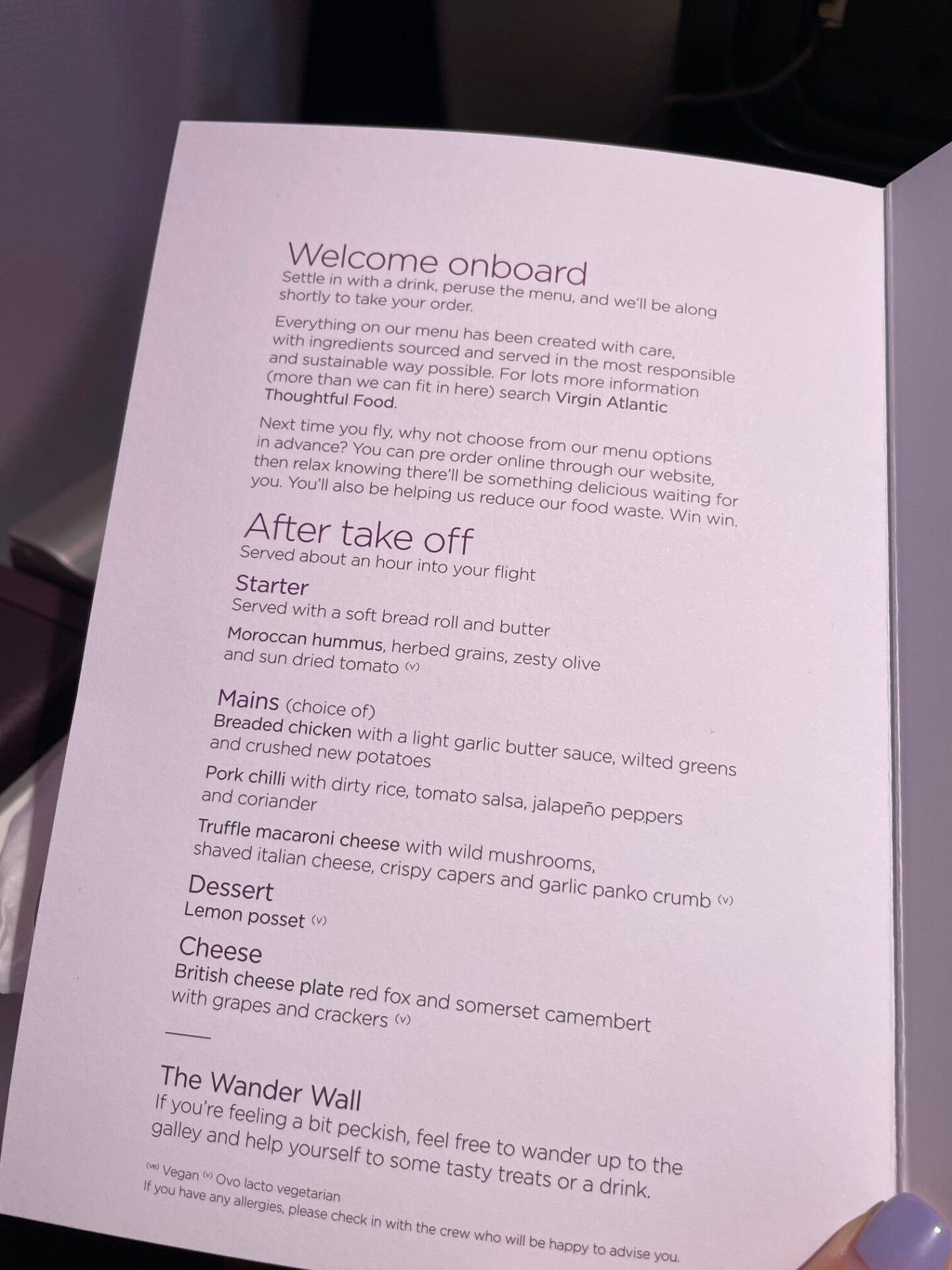 Menu on Virgin Atlantic Premium Economy