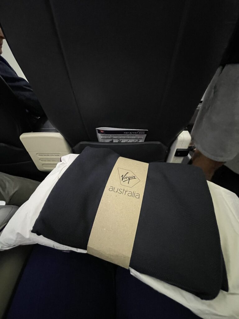 Virgin Australia business seat and blanket, pillow