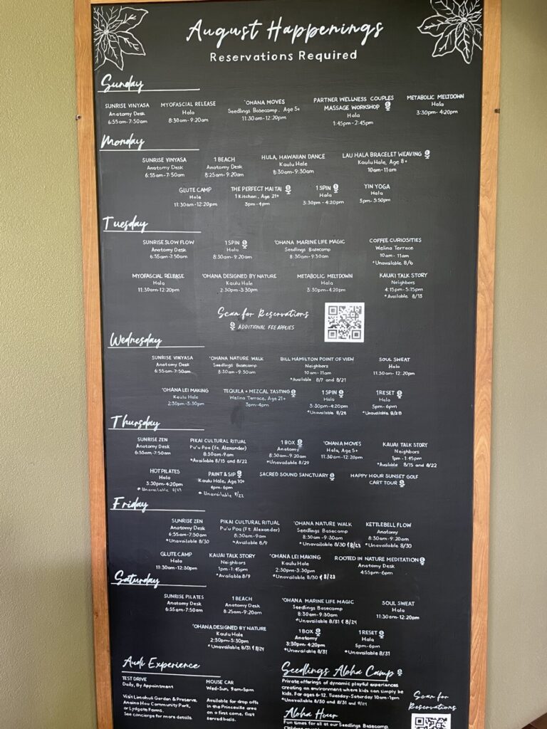 Activities calendar for the month at the 1 Hotel Hanalei Bay