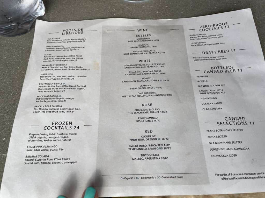 Drink menu at The Sandbox, poolside drinks at the 1 hotel Hanalei bay