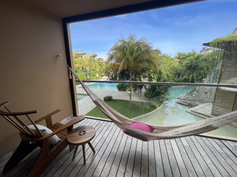 balcony from casa del diseno in Xcaret arte room with hammock and pool view