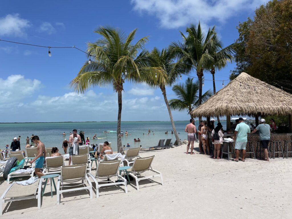 The beach bar and lounge chairs at Baker's Cay Resort in Key Largo