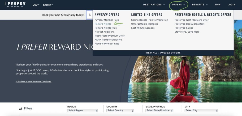 Booking iPrefer reward nights by going to the offers tab and then filtering by country