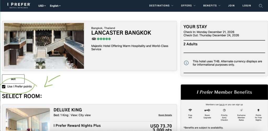 Example Booking with iPrefer reward points at the Lancaster Bangkok by going to the room selection page and checking the points option